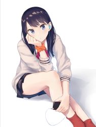 Rule 34 | 10s, 1girl, bad id, bad pixiv id, black hair, black skirt, blue eyes, blush, bow, bowtie, cardigan, closed mouth, commentary request, digital media player, earbuds, earphones, from above, gridman universe, hand on own cheek, hand on own face, head rest, hiiragii (hiiragi 0404), holding, long hair, long sleeves, looking at viewer, looking up, microskirt, orange scrunchie, pleated skirt, red bow, red bowtie, red socks, school uniform, scrunchie, shirt, sitting, skirt, socks, solo, ssss.gridman, takarada rikka, thighs, white cardigan, white shirt, wrist scrunchie