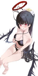Rule 34 | 1girl, antenna hair, barefoot, between legs, bikini, black bikini, black hair, black wings, blue archive, blush, breasts, cleavage, feet, foot out of frame, halo, hand between legs, highres, invisible chair, large breasts, legs, long hair, looking at viewer, parted lips, ponytail, red eyes, simple background, sitting, solo, soya (torga), sweat, swimsuit, toes, tsurugi (blue archive), tsurugi (swimsuit) (blue archive), very long hair, white background, wings