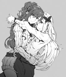 Rule 34 | 2girls, ayutarochan, bang dream!, black skirt, closed mouth, commentary, cowboy shot, dutch angle, earrings, grey background, greyscale, hair between eyes, highres, hug, imai lisa, jewelry, long hair, long sleeves, looking at viewer, minato yukina, monochrome, multiple girls, parted lips, ponytail, ribbed sweater, scrunchie, sidelocks, skirt, sweater, wrist scrunchie, yuri