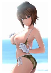 Rule 34 | 1girl, ass, backlighting, bikini, bikini pull, black hat, breasts, breasts out, brown eyes, brown hair, camouflage, camouflage bikini, closed mouth, clothes pull, collarbone, contrapposto, day, dutch angle, expressionless, from side, garrison cap, girls und panzer, gloves, green bikini, hair between eyes, halterneck, hat, highres, horizon, inverted nipples, large breasts, looking at viewer, nipples, nishizumi maho, outdoors, print bikini, pulled by self, revision, short hair, side-tie bikini bottom, solo, standing, string bikini, sunlight, swimsuit, wa (genryusui), wet, white gloves