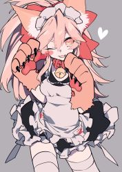Rule 34 | 1girl, animal hands, apron, bell, blush stickers, bow, collar, cowboy shot, fang, fate/grand order, fate (series), frilled apron, frills, grey background, hair between eyes, hair bow, heart, highres, jingle bell, long hair, looking at viewer, maid, maid headdress, mochizuki kei, neck bell, one eye closed, open mouth, paw print, pink hair, red bow, simple background, smile, solo, tamamo (fate), tamamo cat (fate), tamamo cat (second ascension) (fate), tamamo no mae (fate/extra), thighhighs, white thighhighs, yellow eyes