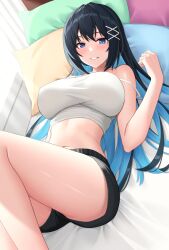Rule 34 | 1girl, absurdres, bare arms, bare legs, bare shoulders, black hair, black shorts, blue eyes, blue hair, blush, breasts, commentary request, crop top, grin, hair ornament, highres, large breasts, long hair, looking at viewer, lying, multicolored hair, mutenka (plfgb), navel, on back, on bed, original, parted lips, pillow, short shorts, shorts, smile, solo, stomach, strap slip, tank top, thighs, two-tone hair, x hair ornament