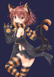 Rule 34 | 1girl, :d, absurdres, akiteru (akiteru98), alternate costume, animal ear fluff, animal ears, animal hands, antenna hair, ass, bare shoulders, bell, black gloves, black scarf, black skirt, black thighhighs, blue background, blush, breasts, brown eyes, brown hair, cat ears, cat tail, chen, commentary request, earrings, elbow gloves, feet out of frame, gloves, hair between eyes, hand up, highres, jewelry, jingle bell, looking at viewer, miniskirt, multiple tails, nekomata, no headwear, open mouth, orange scarf, orange thighhighs, paw gloves, pleated skirt, scarf, shiny skin, short hair, simple background, skindentation, skirt, sleeveless, small breasts, smile, solo, standing, striped clothes, striped scarf, striped thighhighs, suspenders, tail, thighhighs, thighs, touhou, two tails, vertical-striped clothes, vertical-striped scarf, zettai ryouiki