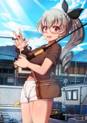 Rule 34 | anchovy (girls und panzer), black shirt, breasts, drill haor, girls und panzer, glasses, green hair, highres, large breasts, long hair, looking at viewer, megadeko, navel, open mouth, ponytail, red eyes, shirt, shorts, smile, w, white shorts