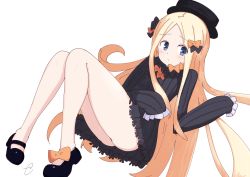 Rule 34 | 1girl, abigail williams (fate), ass, bad id, bad pixiv id, black bow, black dress, black footwear, black hat, blonde hair, blue eyes, blush, bow, bug, butterfly, closed mouth, commentary request, dress, fate/grand order, fate (series), forehead, hair bow, hat, insect, kujou karasuma, long hair, long sleeves, looking at viewer, mary janes, orange bow, parted bangs, polka dot, polka dot bow, shoes, signature, simple background, sleeves past fingers, sleeves past wrists, solo, very long hair, white background