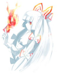 Rule 34 | 1girl, between fingers, bow, burning, expressionless, female focus, fire, fujiwara no mokou, hair bow, hair ribbon, hime cut, holding, kayako (tdxxxk), long hair, looking back, ofuda, ofuda between fingers, pale skin, red eyes, ribbon, simple background, solo, touhou, upper body, very long hair, white hair