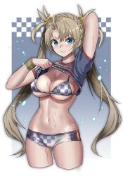 Rule 34 | 1girl, arm up, bikini, blonde hair, blue eyes, blue shirt, body writing, bradamante (fate), bradamante (festival outfit) (fate), braid, breasts, buruma, checkered bikini, checkered clothes, cleavage, closed mouth, clothes lift, clothes writing, commentary request, cropped legs, crown braid, fate/grand order, fate (series), female focus, french braid, hair between eyes, large breasts, lifting own clothes, long hair, looking at viewer, navel, shirt, shirt lift, short sleeves, sidelocks, smile, solo, standing, stomach, suishougensou, sweat, swimsuit, twintails, white buruma, wristband