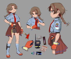 Rule 34 | 1girl, adjusting clothes, adjusting necktie, atte nanakusa, axe, blue eyes, blue shirt, blue socks, braid, brown hair, calendar (object), candy, candy bar, closed eyes, closed mouth, clothes around waist, defender (atte nanakusa), facing viewer, fire axe, food, gloves, grey background, grey shorts, grin, hand on own hip, hatchet (axe), highres, holding, holding axe, jacket, jacket around waist, multicolored hair, multiple views, necktie, orange gloves, original, red necktie, shirt, shorts, simple background, slippers, smile, socks, streaked hair, twin braids, walkie-talkie