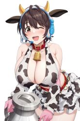 Rule 34 | 1girl, animal ears, animal print, bare shoulders, bell, blush, breasts, brown eyes, brown hair, cleavage, collar, cow ears, cow horns, cow print, frilled skirt, frills, gloves, headset, highres, horns, huge breasts, idolmaster, idolmaster cinderella girls, kannko bokujou, looking at viewer, milk churn, neck bell, oikawa shizuku, one eye closed, open mouth, pink gloves, short hair, skirt, smile, solo