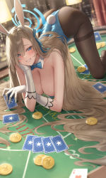 Rule 34 | 1girl, absurdly long hair, absurdres, all fours, animal ears, ass, asuna (blue archive), asuna (bunny) (blue archive), banana oekaki, bare shoulders, blue archive, blue bow, blue bowtie, blue eyes, blue leotard, blue ribbon, blurry, blush, bow, bowtie, breasts, brown pantyhose, card, cheek rest, cleavage, collar, depth of field, detached collar, diffraction spikes, dutch angle, elbow rest, eyes visible through hair, fake animal ears, fake tail, feet out of frame, foreshortening, glint, gloves, hair ribbon, halo, hand on own face, highleg, highleg leotard, highres, holding, holding card, indoors, large breasts, leotard, light brown hair, long hair, looking at viewer, mole, mole on breast, official alternate costume, on table, pantyhose, playboy bunny, playing card, poker chip, poker table, rabbit ears, rabbit tail, revision, ribbon, sidelocks, solo, swept bangs, table, tail, thighband pantyhose, thighs, very long hair, white collar, white gloves