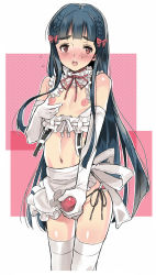 Rule 34 | 1boy, apron, black hair, blunt bangs, blush, bow, braid, breastless clothes, bridal gauntlets, brown eyes, choker, clothed masturbation, coin rand, cowboy shot, crossdressing, elbow gloves, embarrassed, erection, eyebrows, gloves, hair bow, hair ornament, long hair, looking at viewer, male masturbation, masturbation, masturbation through clothes, moaning, navel, nipples, open mouth, original, panties, penis, side-tie panties, solo, standing, thick eyebrows, thighhighs, trap, twin braids, underwear, undressing, white gloves, white thighhighs