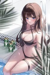Rule 34 | 1girl, arms at sides, beer can, bikini, black bikini, black choker, blue eyes, blurry, blush, bracelet, breasts, brown hair, can, choker, cleavage, clenched teeth, collarbone, criss-cross halter, crossed legs, curvy, depth of field, drink can, ear piercing, feet out of frame, from above, furrowed brow, halterneck, jewelry, kerze, large breasts, long hair, looking at viewer, mole, mole on breast, navel, on floor, original, outdoors, piercing, plant, poolside, shiny skin, sidelighting, sidelocks, sitting, soaking feet, swimsuit, teeth, thigh strap, thighs, tile floor, tiles, very long hair, water, water drop