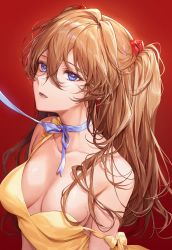 Rule 34 | bare shoulders, blue eyes, breasts, cleavage, collarbone, dress, hair between eyes, highres, interface headset, long hair, looking at viewer, medium breasts, messy hair, neck ribbon, neon genesis evangelion, open mouth, orange hair, pillo, red background, ribbon, simple background, solo, souryuu asuka langley, strap slip, two side up, yellow dress