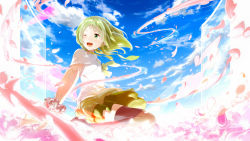 Rule 34 | 1girl, :d, cloud, day, flower, green eyes, green hair, gumi, highres, minamito, one eye closed, open mouth, petals, short hair, skirt, sky, smile, thighhighs, vocaloid, wink, zettai ryouiki