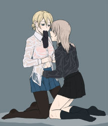 Rule 34 | 2girls, black legwear, black neckwear, black skirt, blonde hair, blue eyes, blue skirt, braid, commentary, darjeeling (girls und panzer), dress shirt, girls und panzer, grey background, grey shirt, half-closed eyes, hand on another&#039;s shoulder, hand on another&#039;s waist, itsumi erika, kuromorimine school uniform, long sleeves, looking at another, miniskirt, mouth hold, multiple girls, navel, necktie, necktie in mouth, no shoes, on one knee, pantyhose, parted lips, partially unbuttoned, pleated skirt, school uniform, see-through, shirt, short hair, silver hair, simple background, skirt, socks, st. gloriana&#039;s school uniform, torinone, wet, wet clothes, wet shirt, white shirt, wing collar, yuri