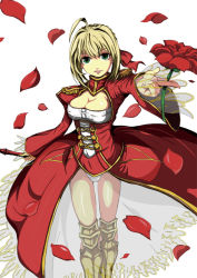 Rule 34 | 10s, 1girl, aestus estus, ahoge, blonde hair, breasts, cleavage, dress, epaulettes, fate/extra, fate/stay night, fate (series), flower, green eyes, hair ribbon, nero claudius (fate), nero claudius (fate) (all), nero claudius (fate/extra), panties, petals, red flower, red rose, ribbon, riki (solid), rose, see-through, solo, sword, underwear, weapon, white background