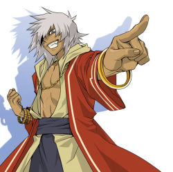Rule 34 | 1boy, belt, blue eyes, bracelet, cloak, dark skin, evil smile, gold, grin, jewelry, lowres, male focus, necklace, open clothes, open shirt, pectorals, scar, shirt, smile, solo, touzokuou bakura, white hair, yu-gi-oh!, yu-gi-oh! duel monsters