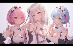 3girls black_dress black_sleeves blowing_kiss blue_eyes blue_hair bob_cut braid breasts bright_pupils cleavage closed_mouth crown_braid detached_sleeves dress elf emilia_(re:zero) finger_to_cheek flower flower_knot gem green_gemstone grey_hair grin hair_flower hair_ornament hair_ribbon head_tilt highres index_finger_raised large_breasts letterboxed light_blush long_hair looking_at_viewer maid maid_headdress medium_breasts multiple_girls pink_eyes pink_hair pink_ribbon pointy_ears puckered_lips purple_eyes purple_ribbon ram_(re:zero) re:zero_kara_hajimeru_isekai_seikatsu rem_(re:zero) ribbon rose roswaal_mansion_maid_uniform short_hair siblings sisters skoll_world smile twins v very_long_hair white_dress white_flower white_pupils white_rose wide_sleeves