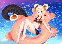 Rule 34 | 1girl, abigail williams (emerald float) (fate), abigail williams (fate), absurdres, bare arms, bare legs, bare shoulders, barefoot, bikini, black bikini, black bow, blonde hair, blush, bow, closed mouth, collarbone, commentary request, double bun, emerald float, fate/grand order, fate (series), food, hair bow, hair bun, highres, innertube, knees up, long hair, navel, official alternate costume, orange bow, pancake, parted bangs, plate, sidelocks, smile, solo, suction cups, swim ring, swimsuit, tentacles, very long hair, water, yukaa