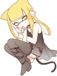 Rule 34 | 1girl, bare shoulders, bell, black dress, black thighhighs, blonde hair, cat girl, dress, eyelashes, fake tail, fetal position, finger to mouth, flat chest, inkling, inkling girl, inkling player character, inuowour, lingerie, long hair, neck bell, nintendo, no shoes, open mouth, pointy ears, see-through, see-through dress, simple background, sleeveless, sleeveless dress, solo, splatoon (series), tail, thighhighs, underwear, white background, yellow eyes