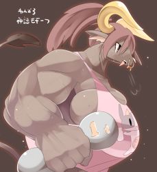 Rule 34 | 1girl, brown hair, bull, furry, furry female, letsuo, muscular, muscular female, open mouth, ponytail, red eyes, solo
