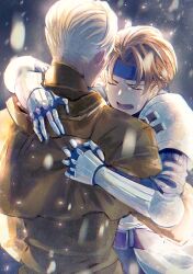 Rule 34 | 2boys, armor, belt, brown hair, character request, crying, denim powell, gloves, headband, highres, hug, male focus, miyama (lacrima01), multiple boys, open mouth, short hair, signature, simple background, snowing, tactics ogre, white hair