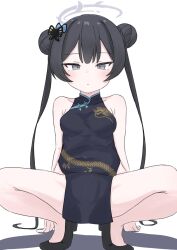 Rule 34 | 1girl, all fours, black hair, blue archive, breasts, china dress, chinese clothes, collarbone, dress, halo, highres, image sample, kisaki (blue archive), leaning back, looking at viewer, medium breasts, small breasts, solo, spread legs, squatting, twitter sample, white background