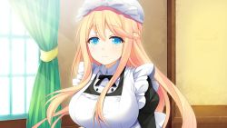 Rule 34 | 1girl, blonde hair, blue eyes, breasts, curtains, donuthouse, female focus, furoura aruse noriumu neon, game cg, large breasts, long hair, looking at viewer, maid, mayachi (amuriya), sitting, smile, solo, sunlight, valkyrie runabout!, window