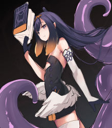 Rule 34 | 1girl, absurdres, asymmetrical gloves, black dress, blunt bangs, book, dress, elbow gloves, flat chest, gloves, highres, hololive, hololive english, kana616, long hair, looking at viewer, low wings, ninomae ina&#039;nis, ninomae ina&#039;nis (1st costume), open book, profile, purple eyes, purple hair, sidelocks, single elbow glove, single thighhigh, sketch, solo, tentacle hair, tentacles, thighhighs, uneven gloves, virtual youtuber, wings
