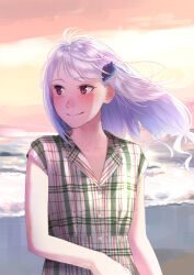 Rule 34 | 1girl, beach, blush, closed mouth, collared dress, commentary request, dress, floating hair, hair ornament, highres, lize helesta, long hair, looking to the side, multicolored clothes, multicolored dress, nijisanji, plaid, plaid dress, purple eyes, short sleeves, smile, solo, torii yoshitsuna, upper body, virtual youtuber, water, white hair, wind