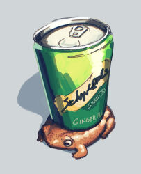 Rule 34 | absurdres, amphibian eyes, animal, animal focus, brand name imitation, can, drink can, ginger ale, grey background, highres, no humans, original, potatomochii, schweppes, shadow, soda can, toad (animal)