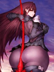 Rule 34 | 1girl, armor, ass, between buttocks, bodysuit, breasts, cloud, cloudy sky, commission, fate/grand order, fate (series), fumio (rsqkr), gae bolg (fate), highres, large breasts, leotard, long hair, looking back, outdoors, pauldrons, polearm, purple bodysuit, purple hair, purple leotard, red eyes, scathach (fate), scathach (fate), shoulder armor, sky, solo, spear, very long hair, weapon