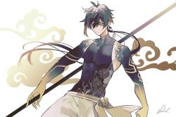 Rule 34 | 1boy, absurdres, arm tattoo, bare shoulders, black hair, brown hair, clothing request, cloud, collarbone, commentary request, earrings, egasumi, eyeliner, eyeshadow, floral print, genshin impact, gradient hair, hair between eyes, highres, holding, holding polearm, holding spear, holding weapon, jewelry, long hair, looking at viewer, makeup, male focus, multicolored hair, open mouth, polearm, ponytail, red eyeshadow, simple background, single earring, sleeveless, solo, spear, tassel, tassel earrings, tattoo, toned, toned male, weapon, white background, yellow eyes, zhongli (genshin impact), zoo min