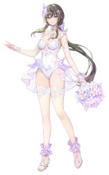 Rule 34 | 1girl, absurdres, bare shoulders, black hair, blue eyes, bouquet, bow, breasts, criss-cross halter, dress, flower, full body, hair bow, hair flower, hair ornament, halterneck, highres, hilda (king&#039;s raid), holding, king&#039;s raid, long hair, looking at viewer, low ponytail, medium breasts, official art, one-piece swimsuit, sandals, see-through, see-through legwear, simple background, sleeveless, smile, solo, standing, swimsuit, thighhighs, thighs, transparent background, very long hair, wedding dress, white one-piece swimsuit