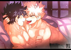 2boys abs animal_ears bakugou_katsuki blanket blonde_hair boku_no_hero_academia completely_nude fangs fox_ears freckles french_kiss green_eyes green_hair highres implied_kiss kiss male_focus midoriya_izuku multiple_boys muscular muscular_male nude open_mouth red_eyes short_hair spiked_hair teeth tongue tongue_out yaoi yazaki_(yazakc)