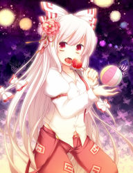 Rule 34 | 1girl, arm up, bad id, bad pixiv id, ball, bow, bug, butterfly, candy, fang, female focus, flower, food, fujiwara no mokou, gradient background, hair bow, hair flower, hair ornament, hair ribbon, insect, lights, lollipop, long hair, midriff, open mouth, pants, red eyes, ribbon, sanotsuki, shirt, silver hair, solo, strap slip, suspenders, tongue, tongue out, touhou, very long hair