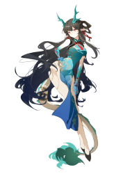 Rule 34 | 1girl, aqua dress, arknights, bare legs, bead bracelet, beads, black footwear, black hair, blue dress, bracelet, breasts, china dress, chinese clothes, closed mouth, colored skin, commentary, contrapposto, dragon girl, dragon horns, dragon tail, dress, dusk (arknights), dusk (everything is a miracle) (arknights), earrings, expressionless, female focus, full body, gradient dress, gradient skin, green skin, hair rings, hand on own hip, high heels, highres, horns, indai (3330425), jewelry, long hair, long legs, medium breasts, multicolored skin, neck tassel, official alternate costume, pelvic curtain, pointy ears, red eyes, side slit, simple background, sleeveless, sleeveless dress, slit pupils, solo, tail, tassel, tassel earrings, thighs, very long hair, wavy hair, white background