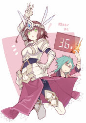 1boy 1girl achan_(blue_semi) arm_up armor armored_boots armored_dress boots breastplate brown_hair chinese_commentary commentary_request countdown dress duvalie eiyuu_densetsu fire gauntlets glasses green_eyes hair_bun helmet highres holding holding_sign long_hair mcburn pauldrons pyrokinesis sen_no_kiseki sen_no_kiseki_(series) sen_no_kiseki_iii shoulder_armor sign single_hair_bun winged_helmet