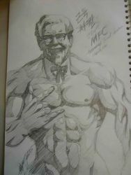 Rule 34 | 1boy, \m/, \n/, colonel sanders, glasses, kfc, korean text, male focus, manly, monochrome, muscular, old, old man, parody, sketch, solo, string tie, translated