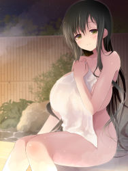 Rule 34 | 1girl, breasts, bush, cleavage, collarbone, covering privates, curvy, fence, green eyes, hip focus, huge breasts, hyuuga takashi, iwato kasumi, long hair, looking at viewer, naked towel, nude cover, onsen, outdoors, plant, rock, saki (manga), smile (rz), solo, steam, sweat, towel, water