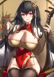 Rule 34 | 1girl, absurdres, ahoge, azur lane, bare shoulders, black hair, black thighhighs, blush, breasts, bridal gauntlets, china dress, chinese clothes, cleavage, cleavage cutout, closed mouth, clothing cutout, covered navel, crossed bangs, cutout above navel, dress, feather boa, hair ornament, heart, heart-shaped pupils, highres, holding, holding own hair, huge breasts, long hair, looking at viewer, official alternate costume, one side up, peacock feathers, pelvic curtain, pipa (instrument), red dress, red eyes, sitting, smile, solo, symbol-shaped pupils, taihou (azur lane), taihou (phoenix&#039;s spring song) (azur lane), thighhighs, wu ganlan cai
