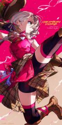 Rule 34 | 1girl, bare shoulders, bike shorts, black gloves, bow, braid, fire emblem, fire emblem engage, flying kick, framme (fire emblem), gloves, grey hair, hat, hat bow, highres, kickboxing, kicking, long hair, martial arts, mika pikazo, nintendo, official art, open mouth, pink bow, single braid, skirt, sleeveless, solo, thighhighs, yellow eyes