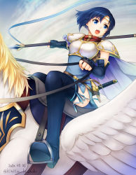 Rule 34 | 1girl, armor, blue eyes, blue hair, boots, breastplate, catria (fire emblem), dated, elbow gloves, fingerless gloves, fire emblem, fire emblem: mystery of the emblem, gloves, headband, highres, holding, kimita (kiokunoumi), nintendo, open mouth, pegasus, pegasus knight uniform (fire emblem), polearm, short hair, solo, thigh boots, thighhighs, twitter username, weapon