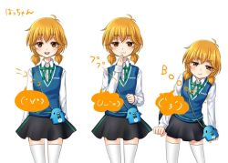 Rule 34 | 1girl, :3, :t, amd, artist request, colored eyelashes, commentary request, dress shirt, eyebrows, md5 mismatch, multiple views, open mouth, orange eyes, orange hair, original, pout, resized, scrunchie, shirt, short hair, short twintails, skirt, smile, speech bubble, suhara hatsumi, thighhighs, translation request, twintails, vest, white shirt, white thighhighs