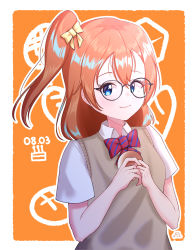 Rule 34 | 1girl, artist name, artist request, banajerry, blue eyes, blush, bow, breasts, collared shirt, female focus, glasses, hair between eyes, highres, holding, kosaka honoka, looking at viewer, love live!, love live! school idol project, orange hair, otonokizaka school uniform, parted lips, red bow, red neckwear, school uniform, shirt, side ponytail, small breasts, smile, solo, striped, striped bow, vest, white shirt, yellow bow, yellow vest