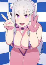 Rule 34 | 1girl, blush, breasts, breasts squeezed together, checkered background, cowboy shot, detached collar, double v, emilia (re:zero), groin, highres, large breasts, legs, long hair, looking at viewer, open mouth, pink eyes, re:zero kara hajimeru isekai seikatsu, slingshot swimsuit, smile, solo, standing, swimsuit, tetrodotoxin, thighs, v, white hair