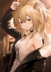 Rule 34 | 1girl, aizawa masaya, animal ears, arknights, arm up, bare shoulders, black jacket, black nails, blonde hair, blurry, blurry background, breasts, brown eyes, choker, commentary, curtains, from side, fur-trimmed jacket, fur trim, hair between eyes, highres, jacket, large breasts, leather, leather jacket, lion ears, long hair, long sleeves, looking at viewer, looking to the side, mouth hold, nail polish, off shoulder, open clothes, open jacket, ponytail, print tank top, siege (arknights), solo, tank top, upper body