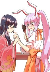 Rule 34 | 2girls, alternate hairstyle, animal ears, apron, bad id, bad twitter id, black hair, blush, chocolate, closed eyes, commentary, crescent, hand on another&#039;s arm, highres, hime cut, holding another&#039;s wrist, houraisan kaguya, licking, licking finger, light purple hair, long hair, long sleeves, looking at another, mana (gooney), multiple girls, pleated skirt, ponytail, purple hair, rabbit ears, rabbit tail, red eyes, reisen udongein inaba, shirt, short sleeves, simple background, skirt, sleeves rolled up, smile, spatula, sweatdrop, tail, touhou, valentine, very long hair, white background, white shirt, wide sleeves, yuri