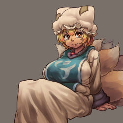 Rule 34 | 1girl, animal hat, blonde hair, breasts, brown eyes, chanta (ayatakaoisii), dress, feet out of frame, fox tail, grey background, hat, invisible chair, large breasts, long sleeves, mob cap, multiple tails, mob cap, short hair, simple background, sitting, solo, tabard, tail, touhou, white dress, white hair, yakumo ran, yellow eyes