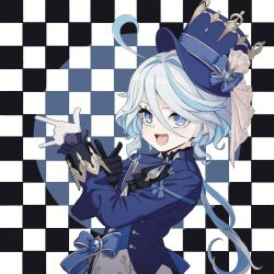 Rule 34 | 1girl, :d, ahoge, black gloves, blue bow, blue eyes, blue hair, blue hat, blue jacket, bow, checkered background, commentary request, furina (genshin impact), genshin impact, gloves, hair between eyes, hair intakes, hat, hat bow, highres, jacket, long hair, long sleeves, looking at viewer, open mouth, poikuru, smile, solo, top hat, upper body, very long hair, white gloves